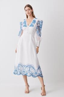 Тканое платье миди с вышивкой и пуговицами из органди Karen Millen, белый