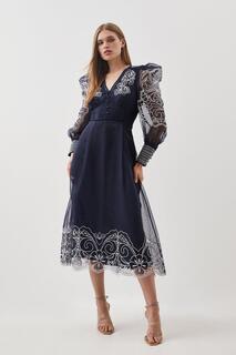 Тканое платье миди с вышивкой и пуговицами из органди Karen Millen, темно-синий