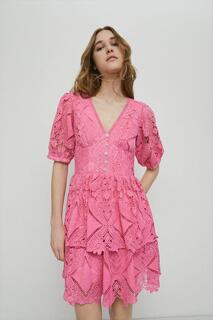 Кружевное мини-платье с V-образным вырезом Warehouse, розовый