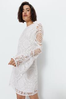 Кружевное мини-платье с рукавами-фонариками Warehouse, белый