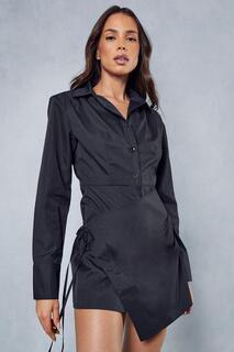 Юбка из поплина с запахом и подплечниками Платье-рубашка с длинными рукавами MISSPAP, черный