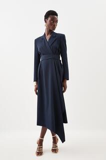 Мягкое приталенное платье миди с драпировкой и поясом, длинными рукавами Karen Millen, темно-синий