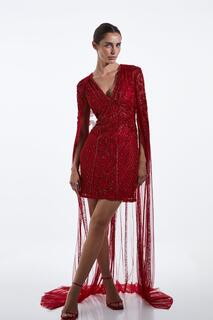 Высокое мини-платье с украшением и накидкой Karen Millen, красный