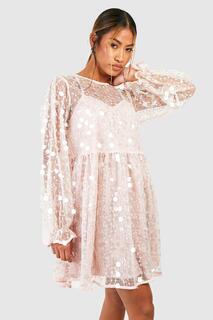 Свободное вечернее платье с блузкой и рукавами с пайетками в виде диска boohoo, розовый