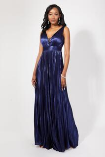 Плиссированное атласное платье макси с V-образным вырезом KRISP, темно-синий