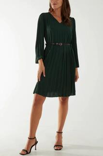 Плиссированное платье длиной до колена с длинными рукавами, V-образным вырезом и поясом в тон HOXTON GAL, зеленый