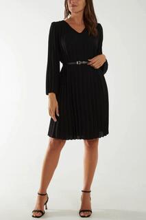 Плиссированное платье длиной до колена с длинными рукавами, V-образным вырезом и поясом в тон HOXTON GAL, черный