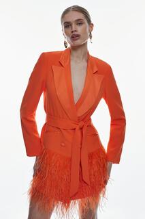 Двубортное мини-платье из вискозного атласа, крепа с перьями по подолу Karen Millen, оранжевый