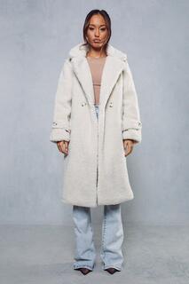 Двубортное пальто из искусственного меха Тедди с поясом MISSPAP, белый