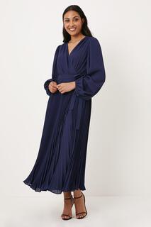 Плиссированное платье макси с запахом Petite Wallis, темно-синий