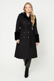 Двубортное пальто с меховым воротником Oasis, черный