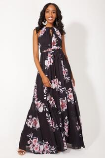 Плиссированное платье макси с открытой спиной и цветочным принтом KRISP, черный