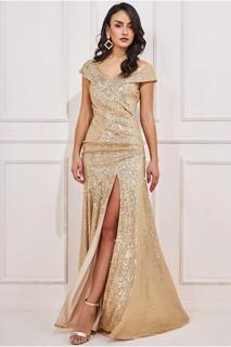 Плиссированное платье макси с пайетками Bardot Goddiva, золото