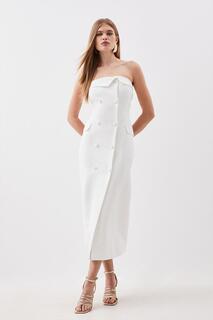 Двубортное платье-бандо миди из крепа с атласной спинкой по индивидуальному заказу Karen Millen, белый