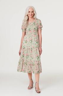 Свободное платье с цветочным принтом и пышными рукавами Izabel London, зеленый
