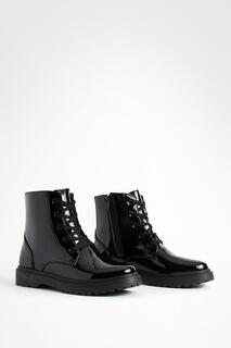 Лакированные базовые байкерские ботинки на шнуровке boohoo, черный