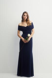 Обтягивающее трикотажное платье макси для подружек невесты со сборками и вырезом «рыбий хвост» Coast, темно-синий