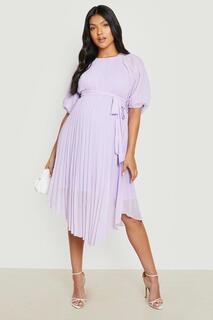 Плиссированное платье миди с завязками на талии для беременных и пышными рукавами boohoo, фиолетовый