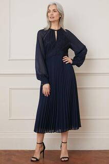 Плиссированное платье миди с кружевными вставками Wallis, темно-синий