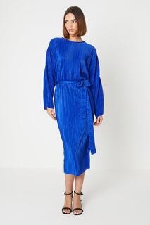 Плиссированное платье миди с разрезным вырезом и поясом Oasis, синий
