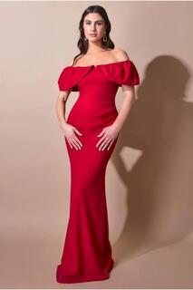 Плиссированное платье-бардо макси из крепа Scuba Goddiva, красный
