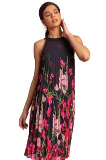 Плиссированное свободное платье с высоким воротником и цветочным принтом Roman, черный