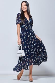 Плиссированное шифоновое платье макси с высоким низким вырезом Jolie Moi, синий
