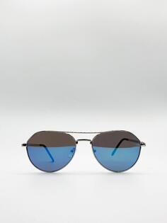 Серебряные солнцезащитные очки-авиаторы с синими зеркальными линзами SVNX, серебро