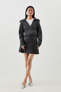 Кожаная плиссированная мини-юбка-килт Karen Millen, черный