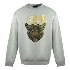 Серый джемпер с леопардовым принтом и логотипом Roberto Cavalli, серый