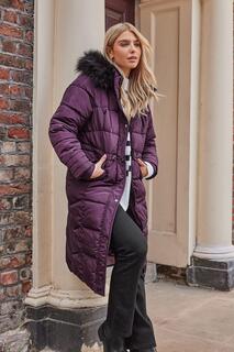 Стеганое пальто с отделкой из искусственного меха M&amp;Co, фиолетовый M&Co