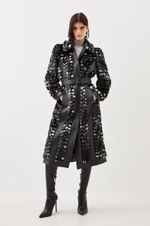 Миниатюрное пальто из искусственного меха с абстрактным поясом и вставками из искусственного меха Karen Millen, черный