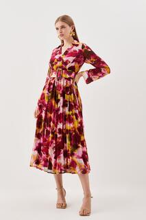 Миниатюрное плиссированное платье макси с длинными рукавами и абстрактным принтом Karen Millen, мультиколор