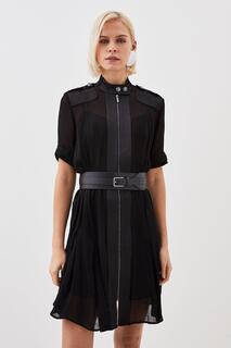 Миниатюрное прозрачное тканое мини-платье с контрастными вставками и короткими рукавами Karen Millen, черный