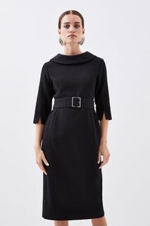 Миниатюрное структурированное платье миди из крепа с высоким воротником и поясом Karen Millen, черный