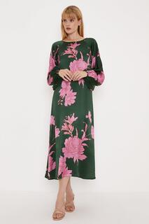 Платье миди из вискозного атласа с большим цветочным принтом Oasis, зеленый