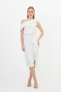 Платье миди из крепа премиум-класса с асимметричным вырезом и драпировкой Karen Millen, белый