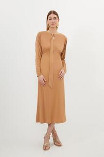 Платье миди из крепа с завязками и завязками Keyhole Karen Millen, коричневый