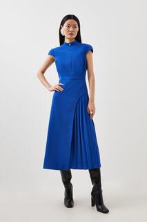 Платье миди из крепа с высоким воротником и складками по бокам Karen Millen, синий