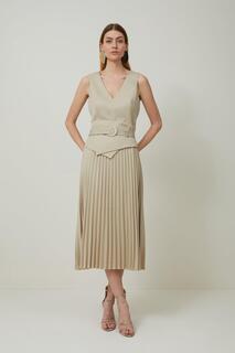 Индивидуальное платье миди со складками и поясом из смесовой шерсти Karen Millen, бежевый