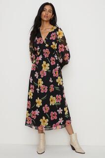 Шифоновое платье-миди с цветочным принтом Oasis, черный