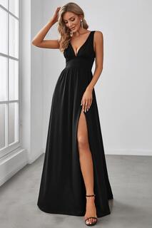 Вечернее платье длиной до пола с V-образным вырезом и высоким разрезом с ампирной талией Ever Pretty, черный
