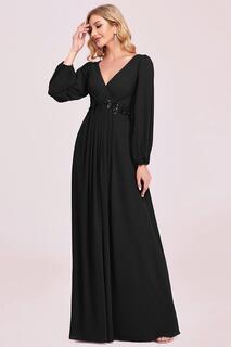 Вечернее платье макси с длинными рукавами-фонариками и глубоким V-образным вырезом и аппликацией Ever Pretty, черный