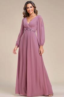 Вечернее платье макси с длинными рукавами-фонариками и глубоким V-образным вырезом и аппликацией Ever Pretty, розовый