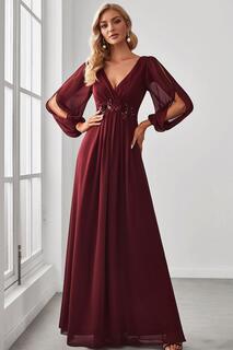 Вечернее платье макси с длинными рукавами-фонариками и глубоким V-образным вырезом и аппликацией Ever Pretty, красный