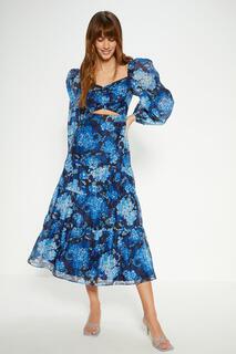 Платье миди из органзы со складками и вырезами с цветочным принтом Oasis, темно-синий
