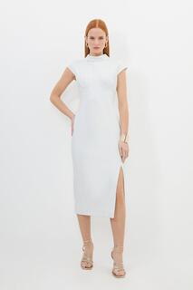 Платье миди из структурированного крепа с высоким воротником и короткими рукавами Karen Millen, белый