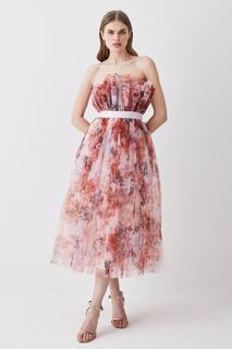 Платье миди из тюля с корсетом и цветочным принтом Karen Millen, мультиколор