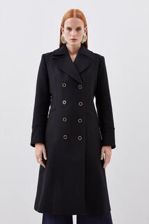 Итальянское двубортное пальто миди в стиле милитари из смесовой шерсти Manteco Karen Millen, черный