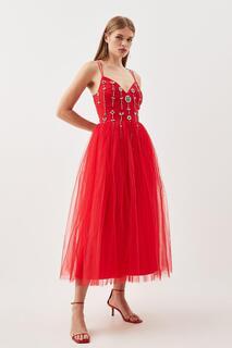 Платье миди из тюля с кристаллами и украшением Karen Millen, красный
